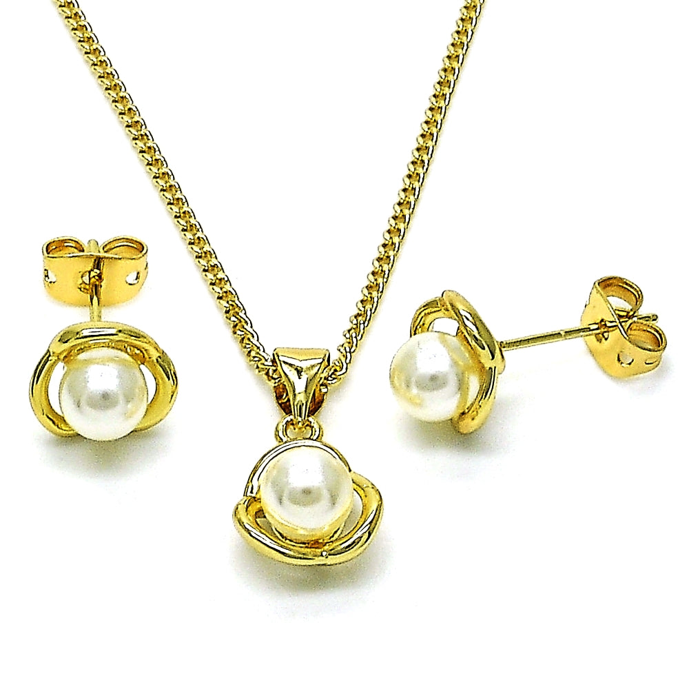 Oro Laminado Earring and Pendant Adult Set, Gold Filled Style Flower Design, with Ivory Pearl, Polished, Golden Finish