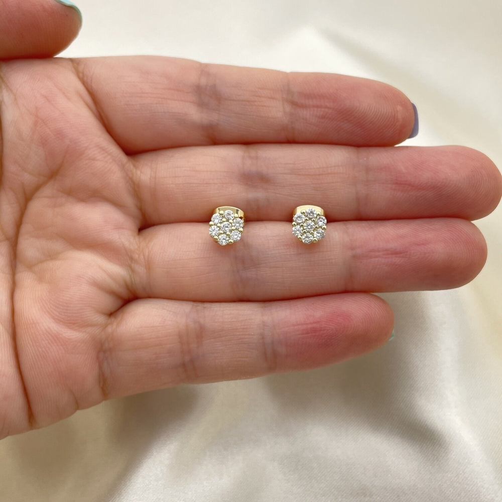 Oro Laminado Stud Earring, Gold Filled Style Flower Design, with White Cubic Zirconia, Polished, Golden Finish