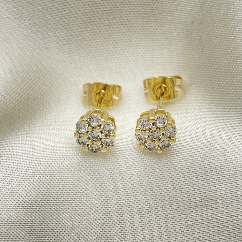 Oro Laminado Stud Earring, Gold Filled Style Flower Design, with White Cubic Zirconia, Polished, Golden Finish