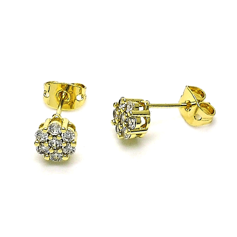 Oro Laminado Stud Earring, Gold Filled Style Flower Design, with White Cubic Zirconia, Polished, Golden Finish