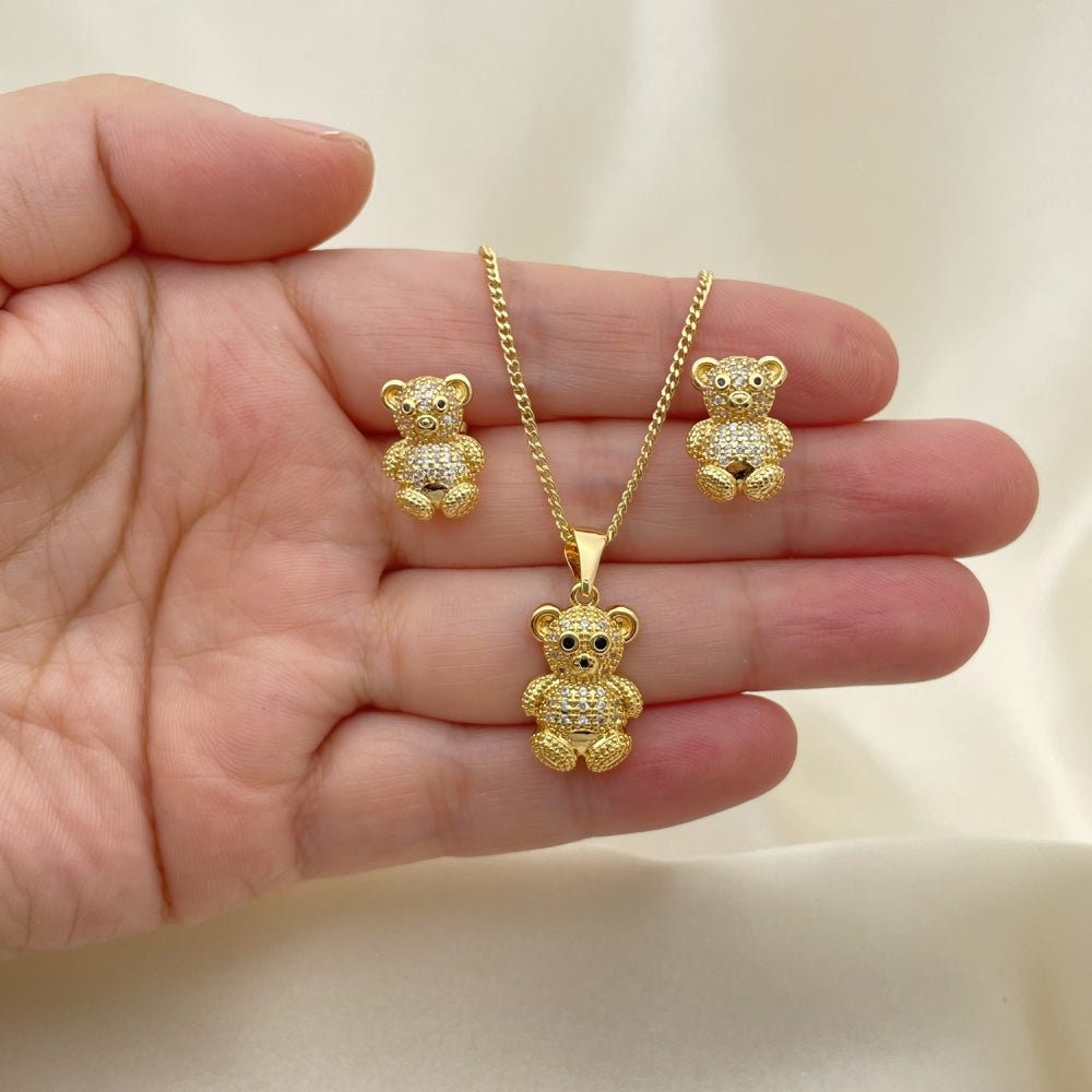 Oro Laminado Earring and Pendant Adult Set, Gold Filled Style Teddy Bear Design, with White and Black Micro Pave, Polished, Golden Finish