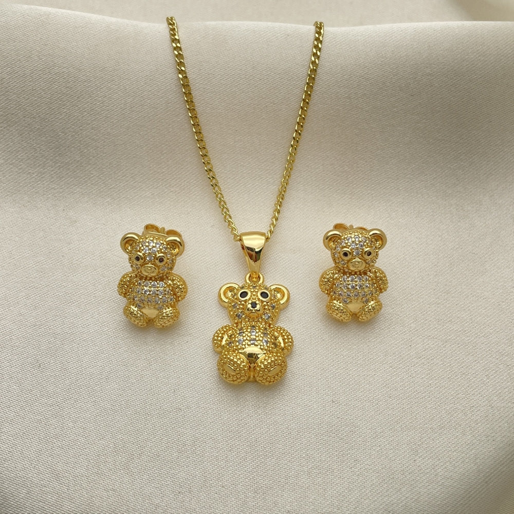 Oro Laminado Earring and Pendant Adult Set, Gold Filled Style Teddy Bear Design, with White and Black Micro Pave, Polished, Golden Finish