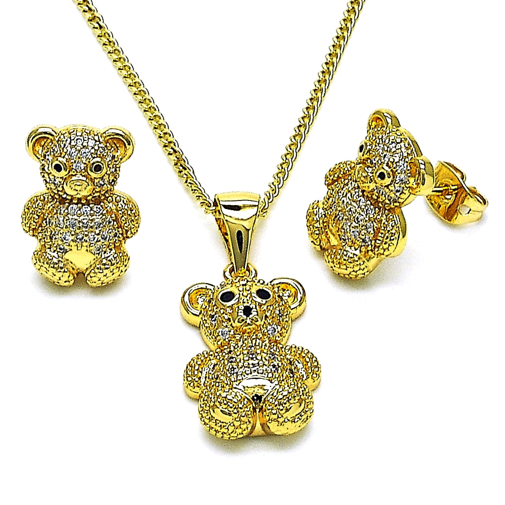 Oro Laminado Earring and Pendant Adult Set, Gold Filled Style Teddy Bear Design, with White and Black Micro Pave, Polished, Golden Finish