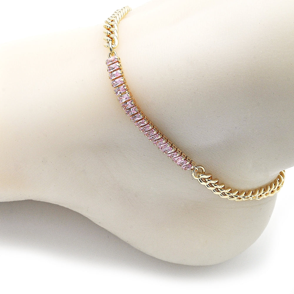 Oro Laminado Fancy Anklet, Gold Filled Style Miami Cuban and Baguette Design, with Pink Cubic Zirconia, Polished, Golden Finish