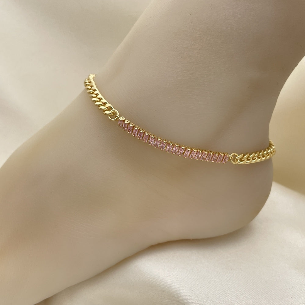Oro Laminado Fancy Anklet, Gold Filled Style Miami Cuban and Baguette Design, with Pink Cubic Zirconia, Polished, Golden Finish