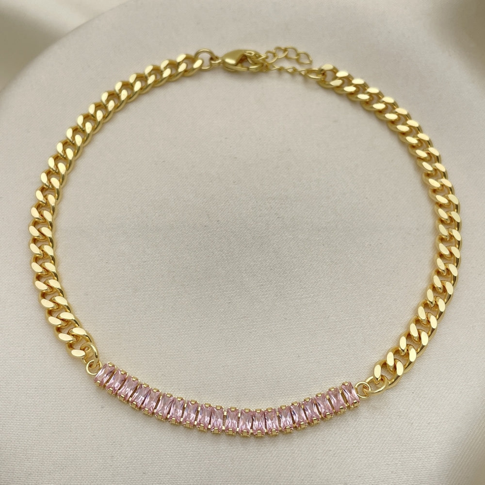 Oro Laminado Fancy Anklet, Gold Filled Style Miami Cuban and Baguette Design, with Pink Cubic Zirconia, Polished, Golden Finish