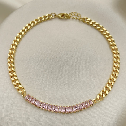 Oro Laminado Fancy Anklet, Gold Filled Style Miami Cuban and Baguette Design, with Pink Cubic Zirconia, Polished, Golden Finish