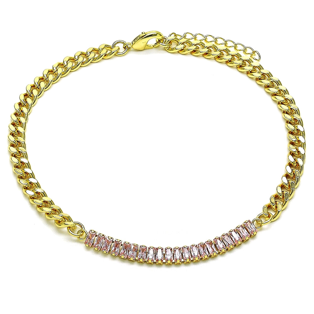 Oro Laminado Fancy Anklet, Gold Filled Style Miami Cuban and Baguette Design, with Pink Cubic Zirconia, Polished, Golden Finish