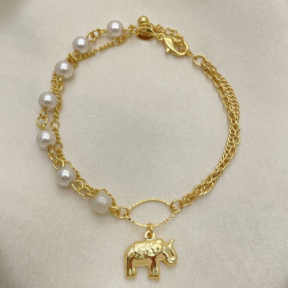 Oro Laminado Charm Bracelet, Gold Filled Style Elephant and Ball Design, with Ivory Pearl, Polished, Golden Finish