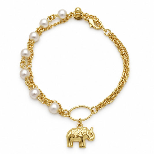 Oro Laminado Charm Bracelet, Gold Filled Style Elephant and Ball Design, with Ivory Pearl, Polished, Golden Finish