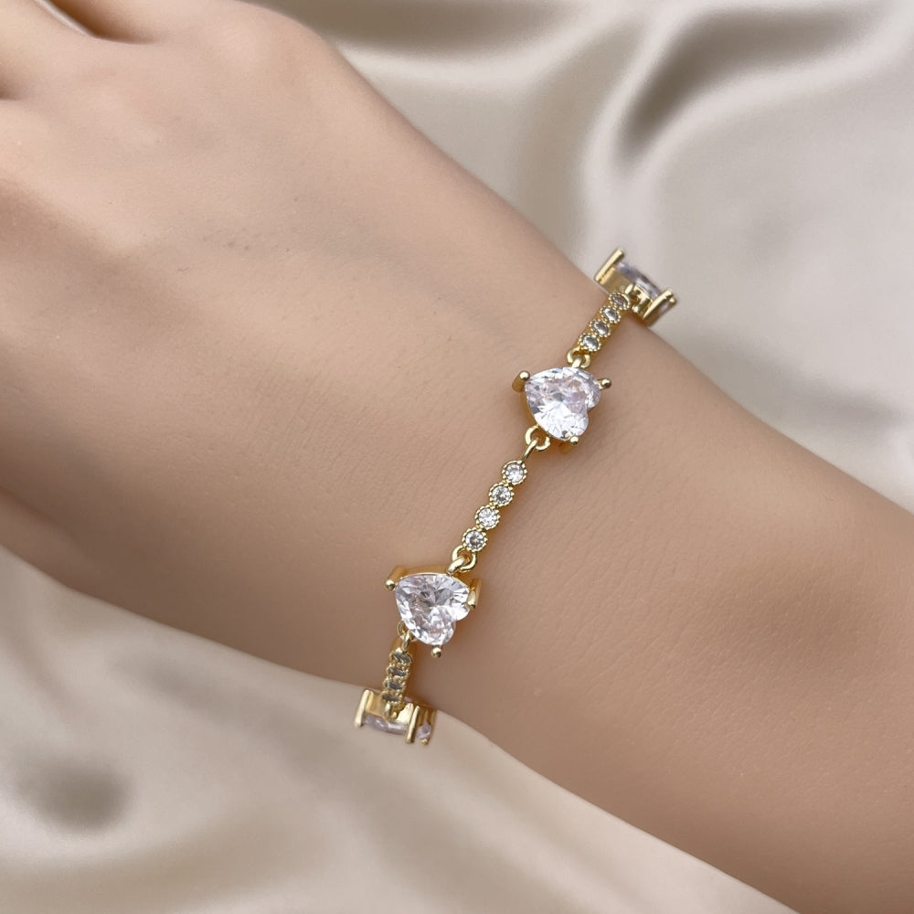 Oro Laminado Fancy Bracelet, Gold Filled Style Heart Design, with White Cubic Zirconia, Polished, Golden Finish