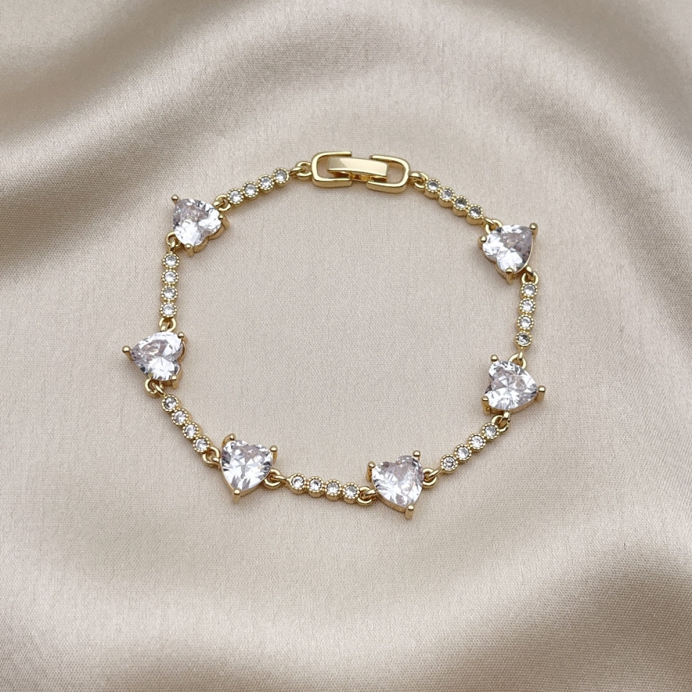 Oro Laminado Fancy Bracelet, Gold Filled Style Heart Design, with White Cubic Zirconia, Polished, Golden Finish
