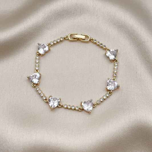 Oro Laminado Fancy Bracelet, Gold Filled Style Heart Design, with White Cubic Zirconia, Polished, Golden Finish