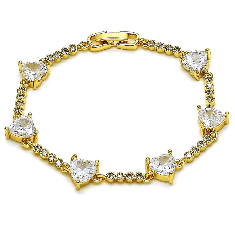 Oro Laminado Fancy Bracelet, Gold Filled Style Heart Design, with White Cubic Zirconia, Polished, Golden Finish