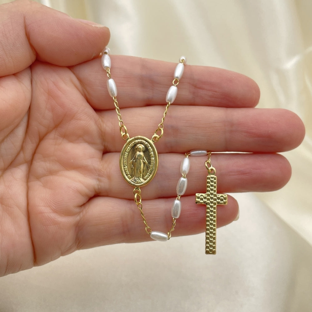 Oro Laminado Medium Rosary, Gold Filled Style Altagracia and Cross Design, with Ivory Pearl, Polished, Golden Finish