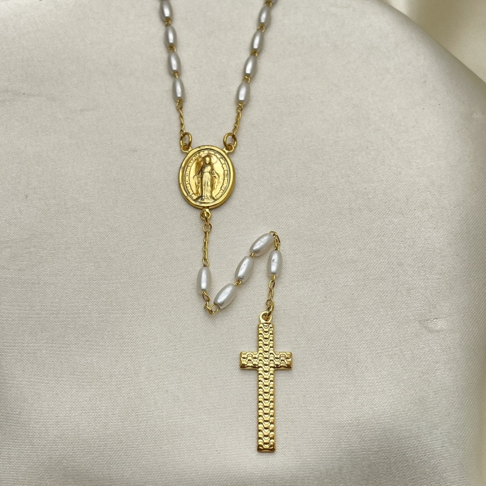 Oro Laminado Medium Rosary, Gold Filled Style Altagracia and Cross Design, with Ivory Pearl, Polished, Golden Finish
