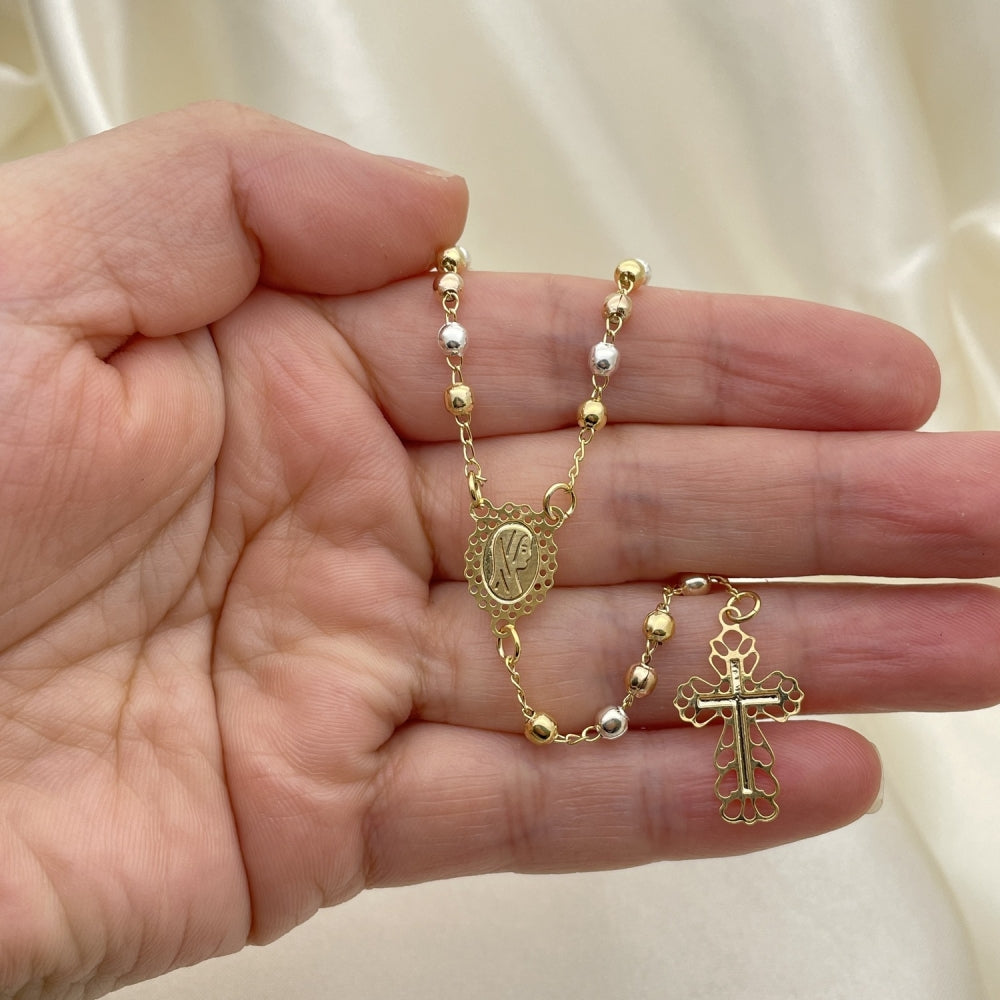 Oro Laminado Thin Rosary, Gold Filled Style Cross and Virgen Maria Design, Polished, Tricolor