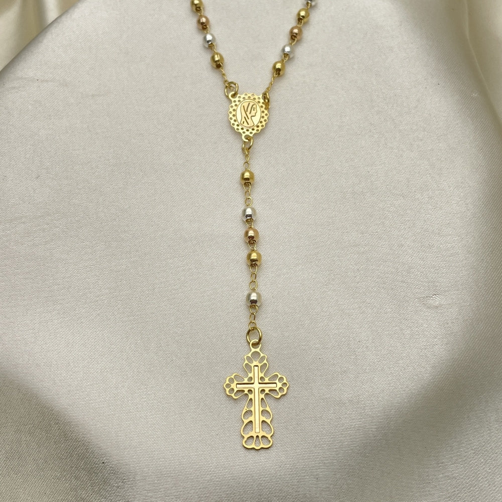 Oro Laminado Thin Rosary, Gold Filled Style Cross and Virgen Maria Design, Polished, Tricolor
