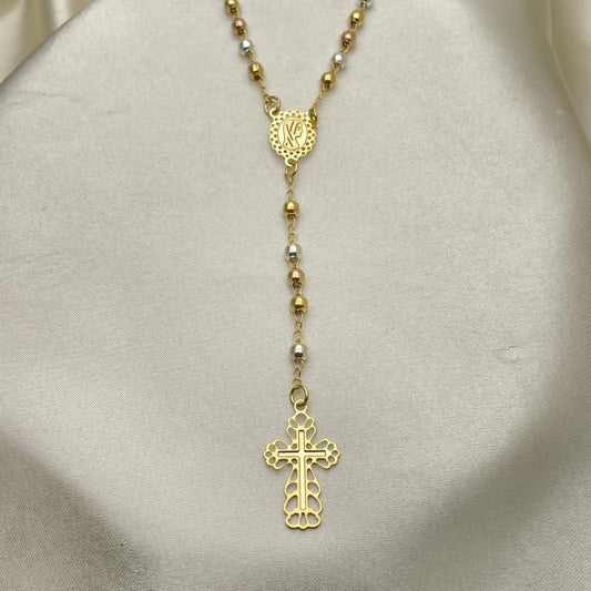 Oro Laminado Thin Rosary, Gold Filled Style Cross and Virgen Maria Design, Polished, Tricolor