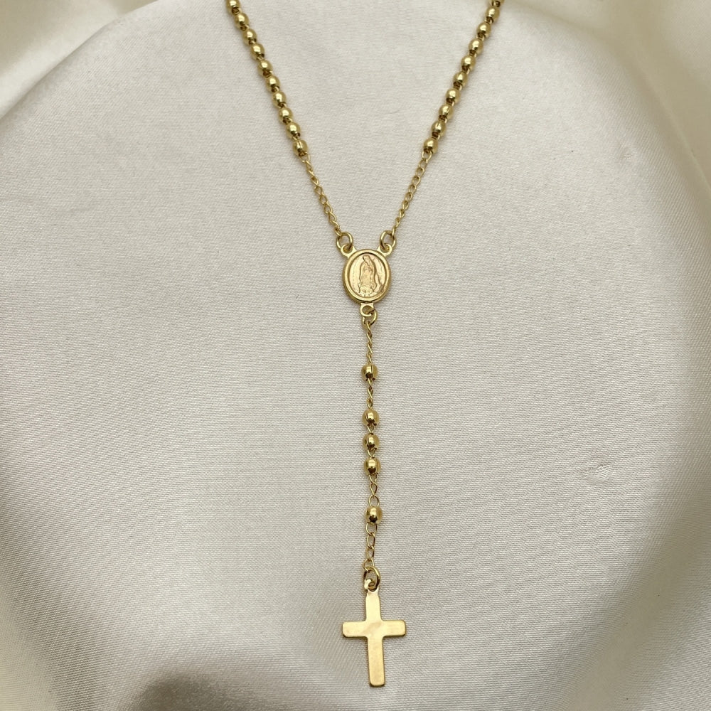 Oro Laminado Thin Rosary, Gold Filled Style Cross and Guadalupe Design, Polished, Golden Finish