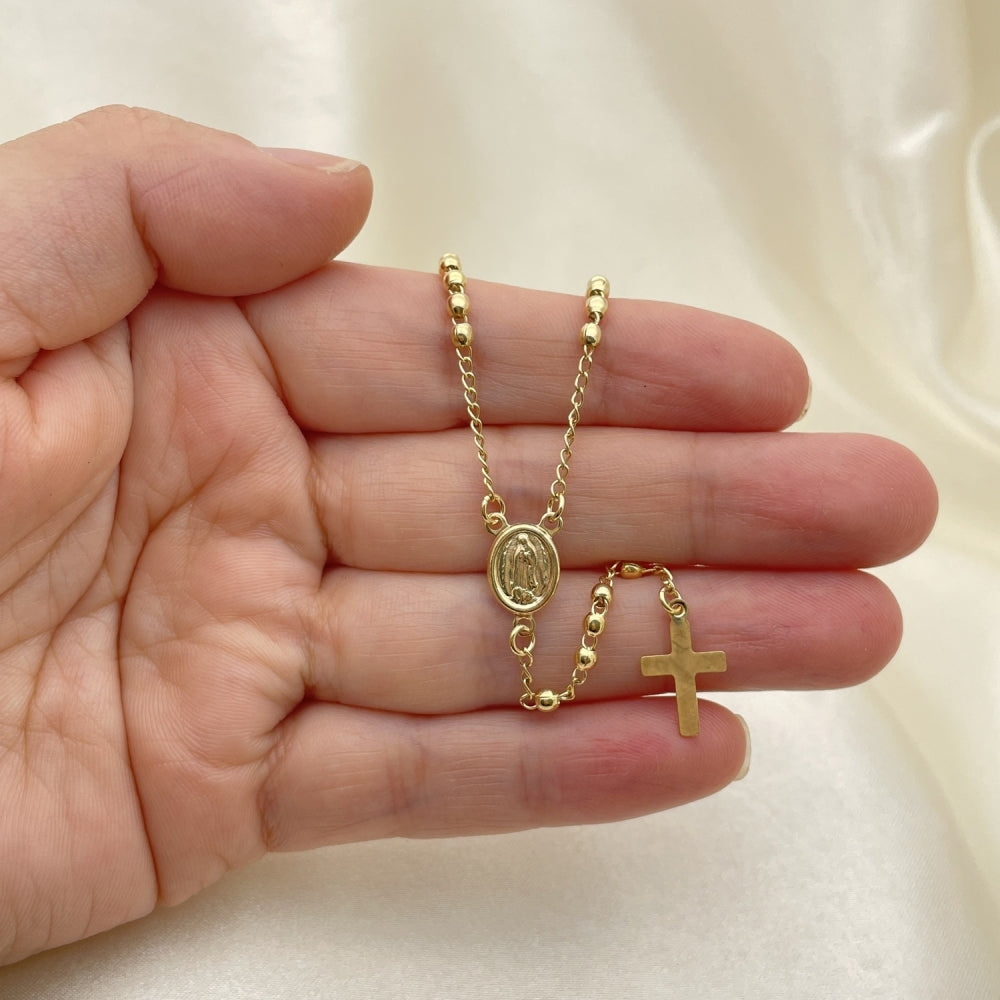 Oro Laminado Thin Rosary, Gold Filled Style Cross and Guadalupe Design, Polished, Golden Finish