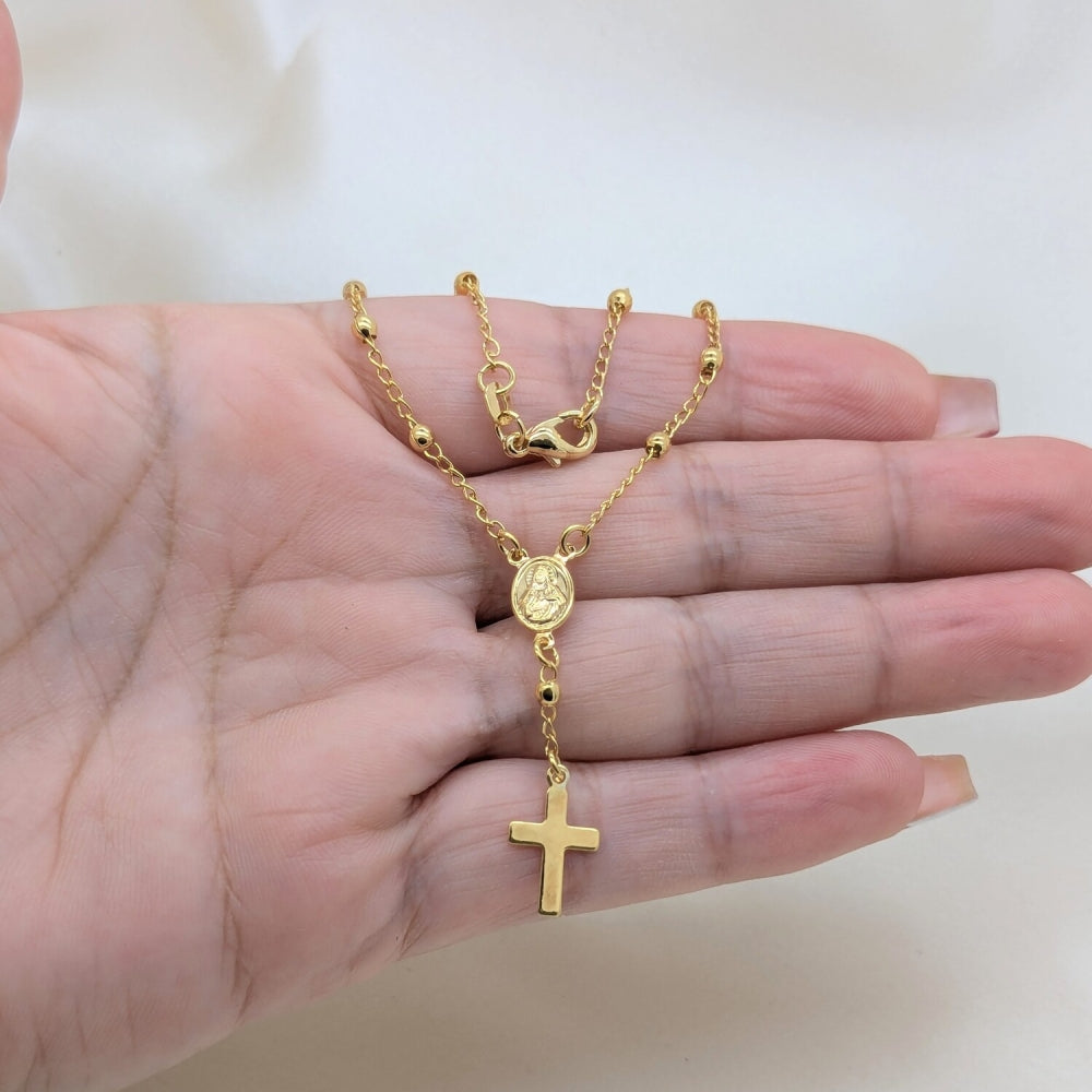 Oro Laminado Bracelet Rosary, Gold Filled Style Cross and Virgen Maria Design, Polished, Golden Finish