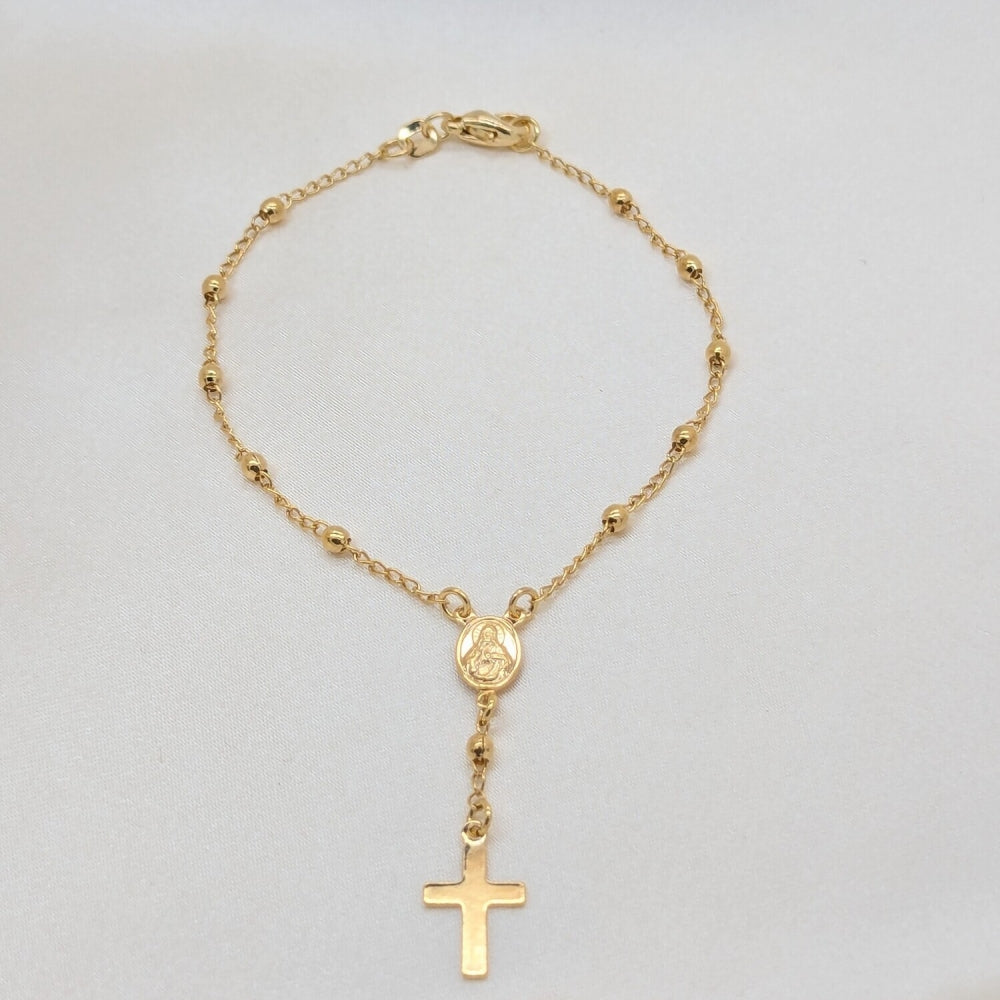 Oro Laminado Bracelet Rosary, Gold Filled Style Cross and Virgen Maria Design, Polished, Golden Finish