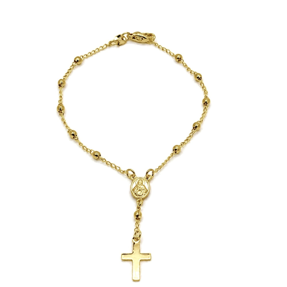 Oro Laminado Bracelet Rosary, Gold Filled Style Cross and Virgen Maria Design, Polished, Golden Finish