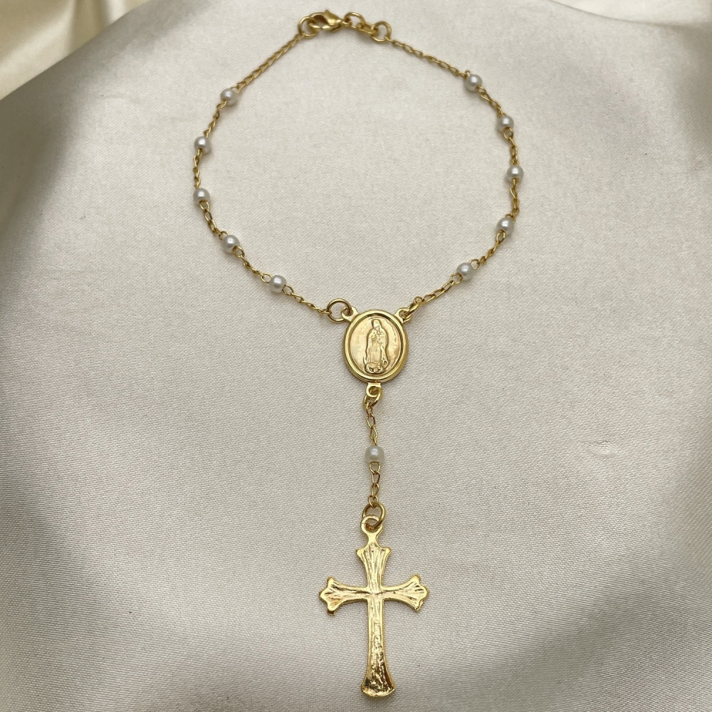 Oro Laminado Bracelet Rosary, Gold Filled Style Polished, Golden Finish