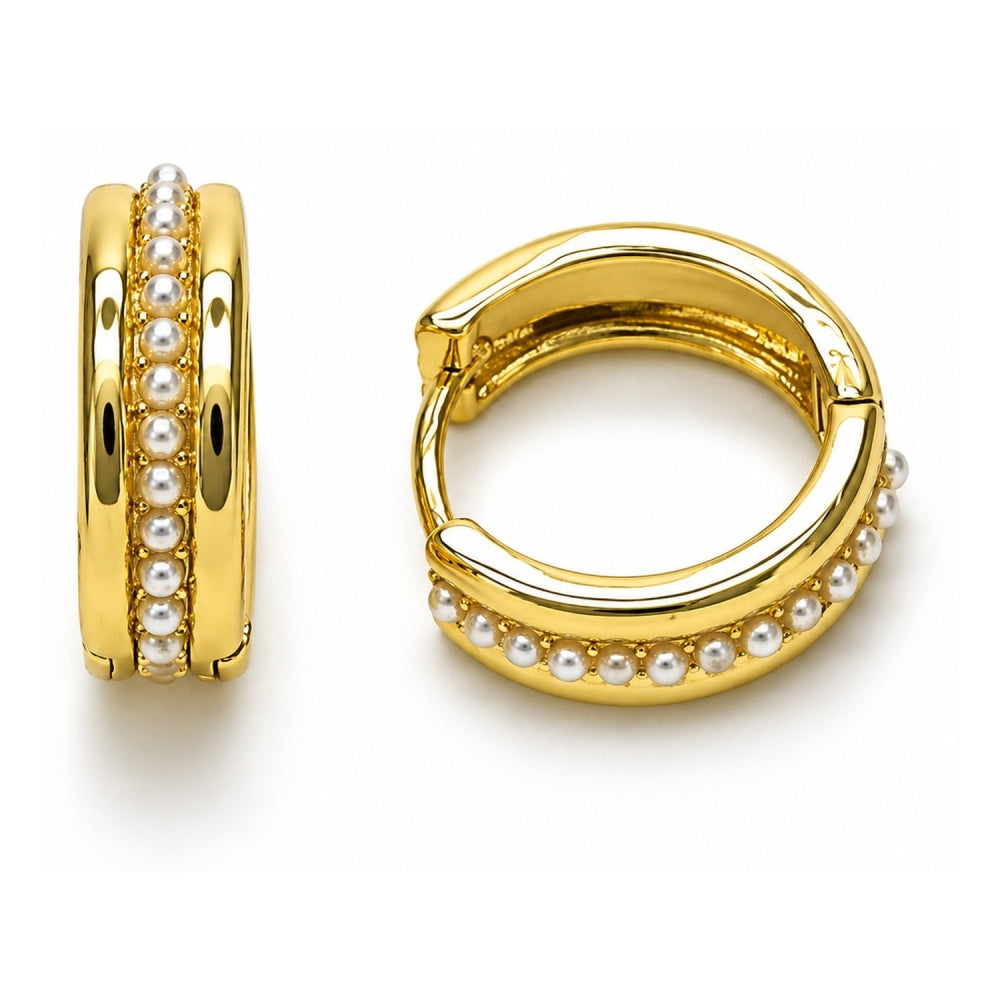 Oro Laminado Huggie Hoop, Gold Filled Style with Ivory Pearl, Polished, Golden Finish