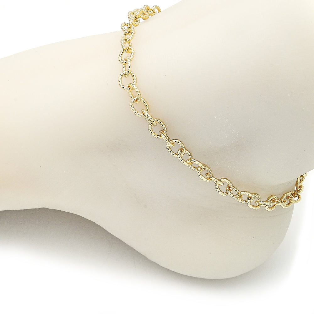 Oro Laminado Fancy Anklet, Gold Filled Style Rolo Design, Diamond Cutting Finish, Golden Finish