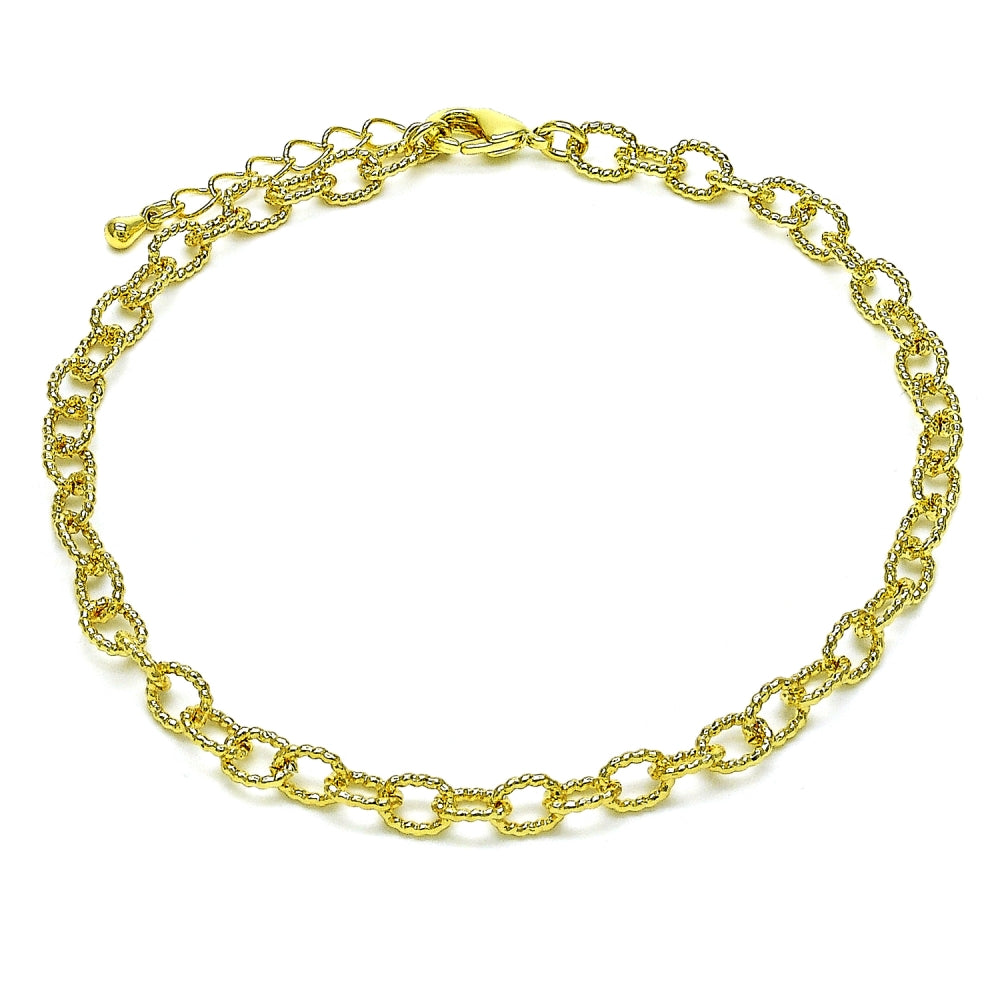 Oro Laminado Fancy Anklet, Gold Filled Style Rolo Design, Diamond Cutting Finish, Golden Finish
