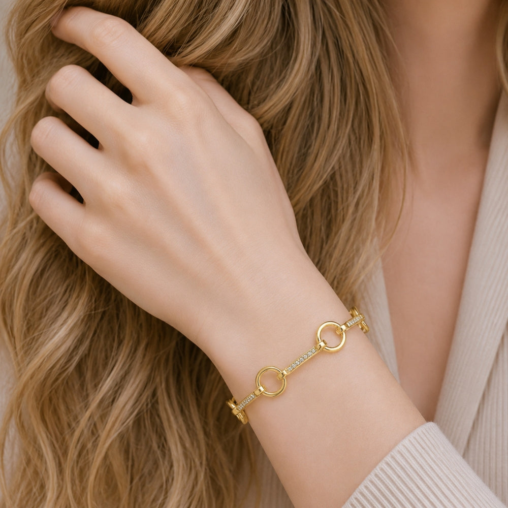 Oro Laminado Fancy Bracelet, Gold Filled Style with White Micro Pave, Polished, Golden Finish