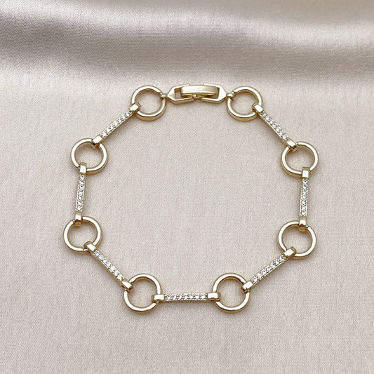 Oro Laminado Fancy Bracelet, Gold Filled Style with White Micro Pave, Polished, Golden Finish