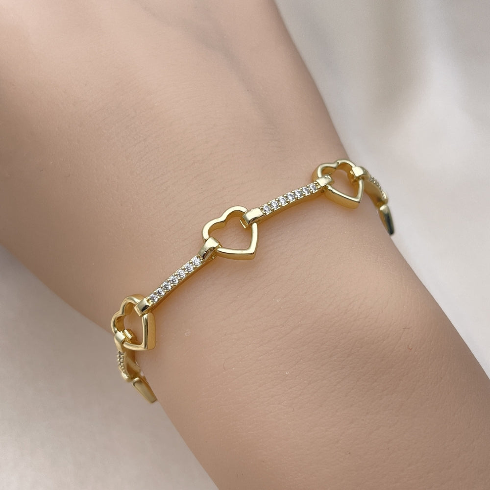 Oro Laminado Fancy Bracelet, Gold Filled Style Heart Design, with White Micro Pave, Polished, Golden Finish