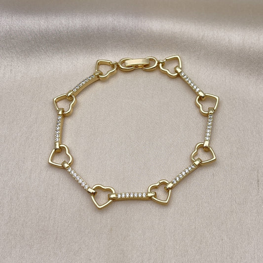 Oro Laminado Fancy Bracelet, Gold Filled Style Heart Design, with White Micro Pave, Polished, Golden Finish