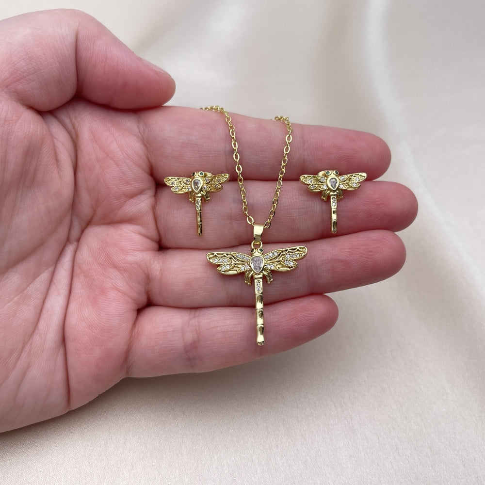 Oro Laminado Earring and Pendant Adult Set, Gold Filled Style Dragon-Fly Design, with White Cubic Zirconia and White Micro Pave, Polished, Golden Finish
