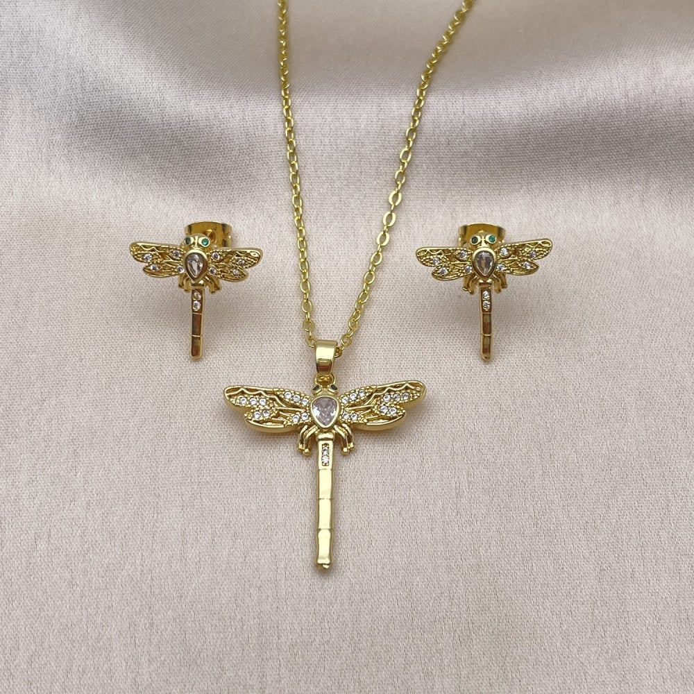 Oro Laminado Earring and Pendant Adult Set, Gold Filled Style Dragon-Fly Design, with White Cubic Zirconia and White Micro Pave, Polished, Golden Finish