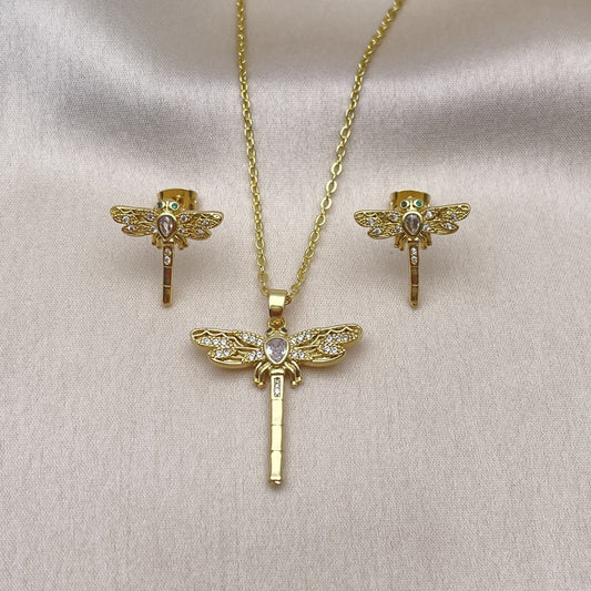 Oro Laminado Earring and Pendant Adult Set, Gold Filled Style Dragon-Fly Design, with White Cubic Zirconia and White Micro Pave, Polished, Golden Finish