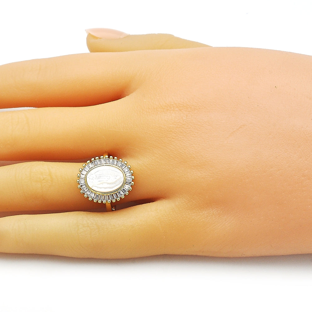 Oro Laminado Multi Stone Ring, Gold Filled Style Guadalupe and Baguette Design, with Ivory Mother of Pearl and White Cubic Zirconia, Polished, Golden Finish