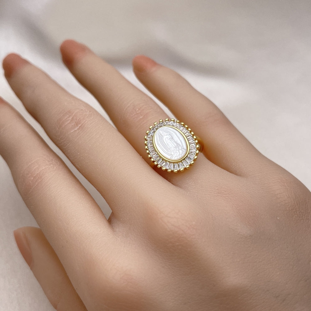Oro Laminado Multi Stone Ring, Gold Filled Style Guadalupe and Baguette Design, with Ivory Mother of Pearl and White Cubic Zirconia, Polished, Golden Finish