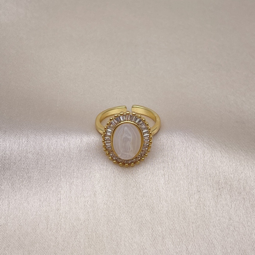 Oro Laminado Multi Stone Ring, Gold Filled Style Guadalupe and Baguette Design, with Ivory Mother of Pearl and White Cubic Zirconia, Polished, Golden Finish