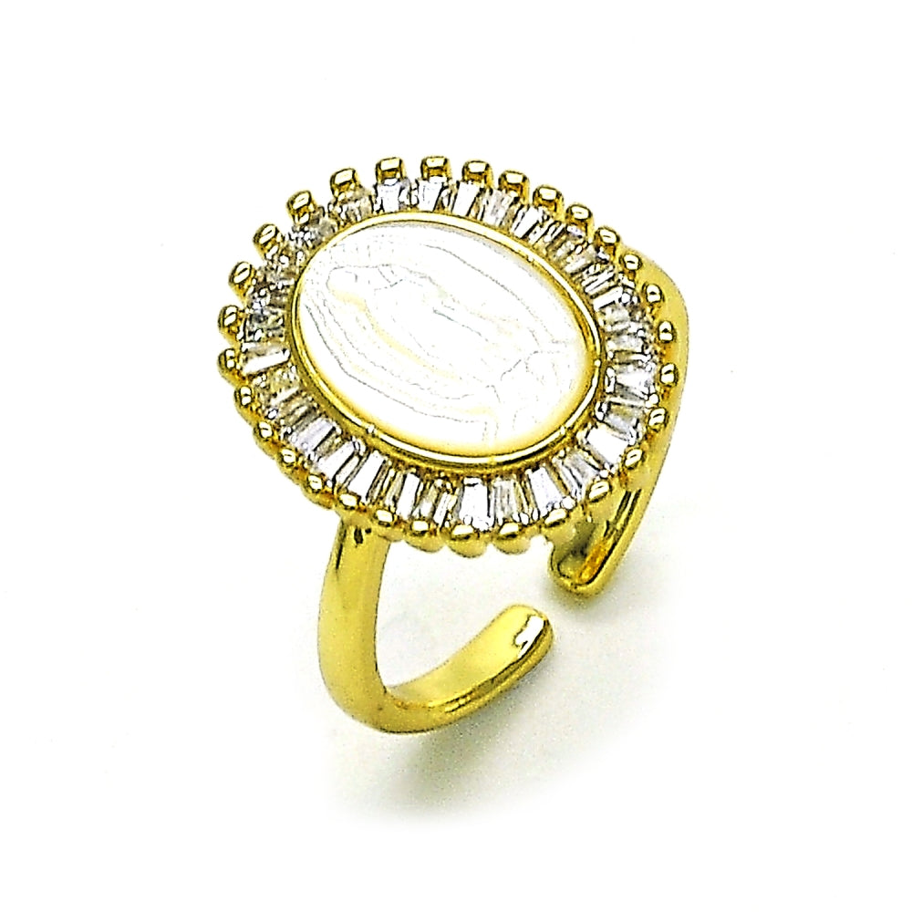 Oro Laminado Multi Stone Ring, Gold Filled Style Guadalupe and Baguette Design, with Ivory Mother of Pearl and White Cubic Zirconia, Polished, Golden Finish