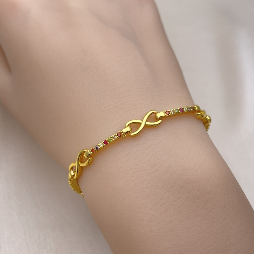 Oro Laminado Fancy Bracelet, Gold Filled Style Hugs and Kisses and Infinite Design, with Multicolor Micro Pave, Polished, Golden Finish