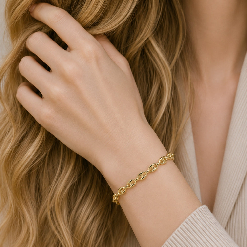 Oro Laminado Fancy Bracelet, Gold Filled Style Puff Mariner Design, Polished, Golden Finish