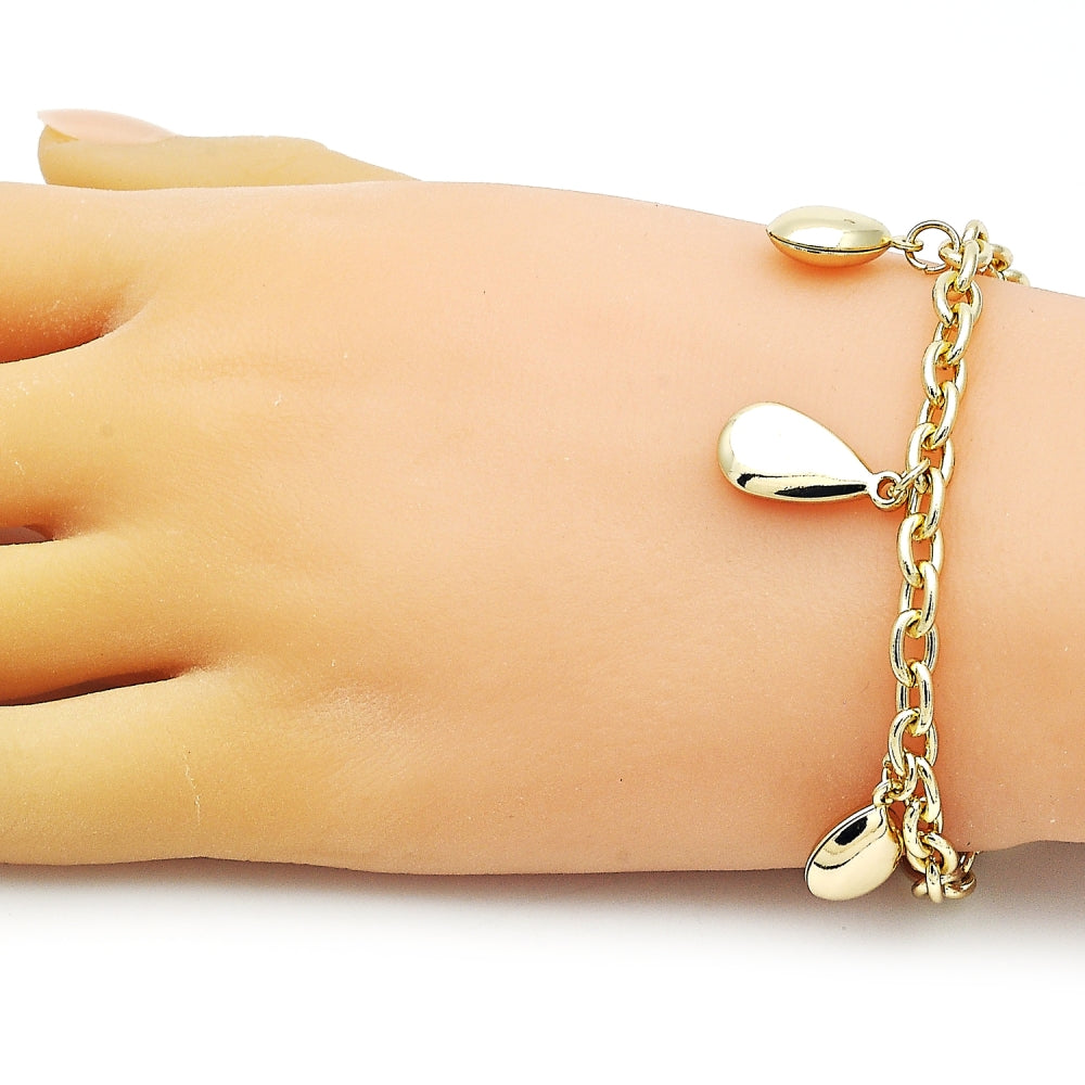 Oro Laminado Charm Bracelet, Gold Filled Style Teardrop and Rolo Design, Polished, Golden Finish