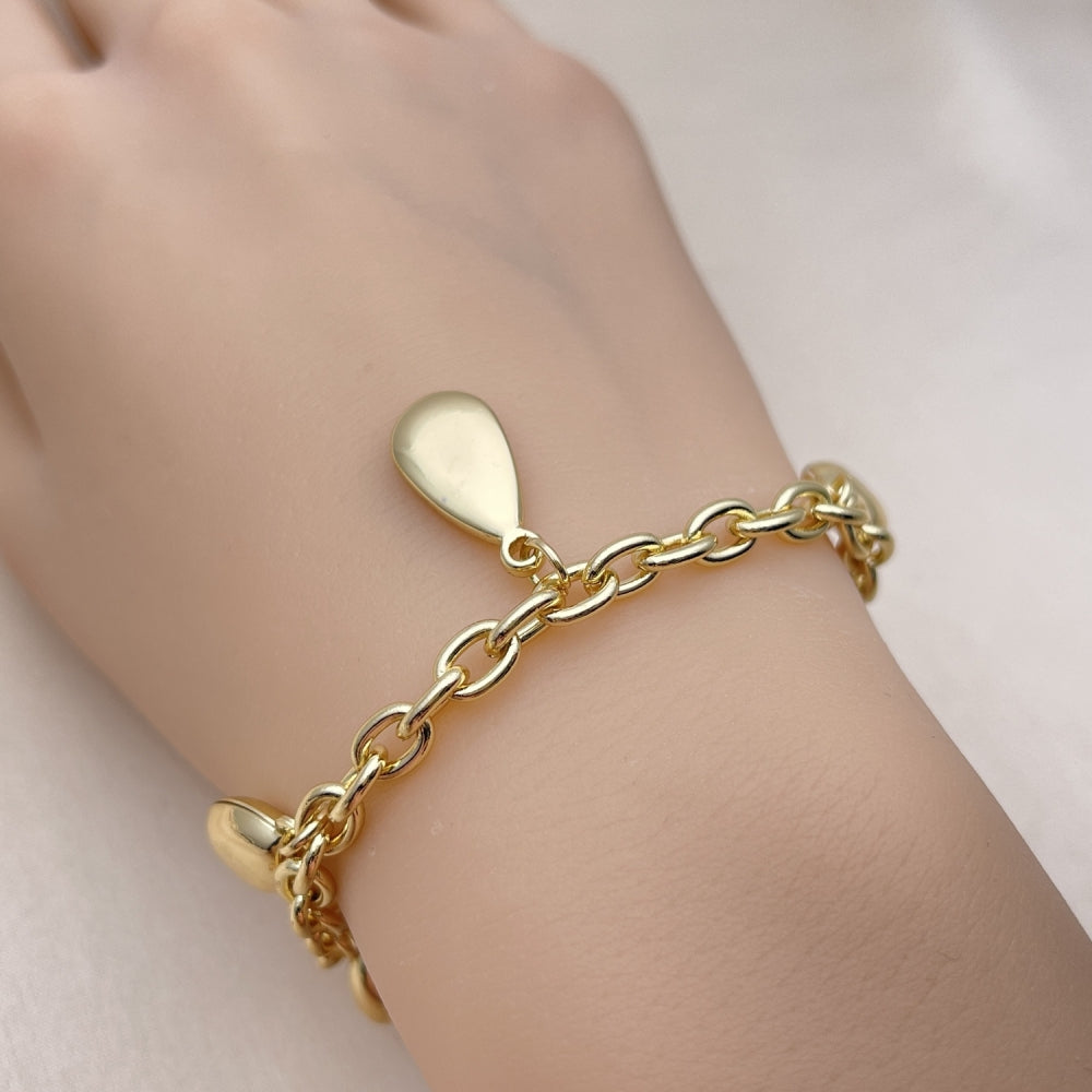 Oro Laminado Charm Bracelet, Gold Filled Style Teardrop and Rolo Design, Polished, Golden Finish