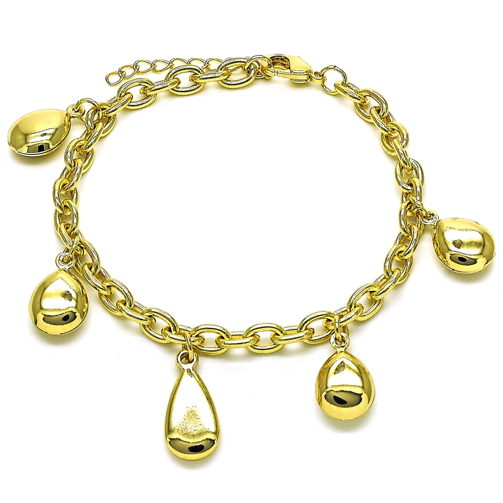 Oro Laminado Charm Bracelet, Gold Filled Style Teardrop and Rolo Design, Polished, Golden Finish