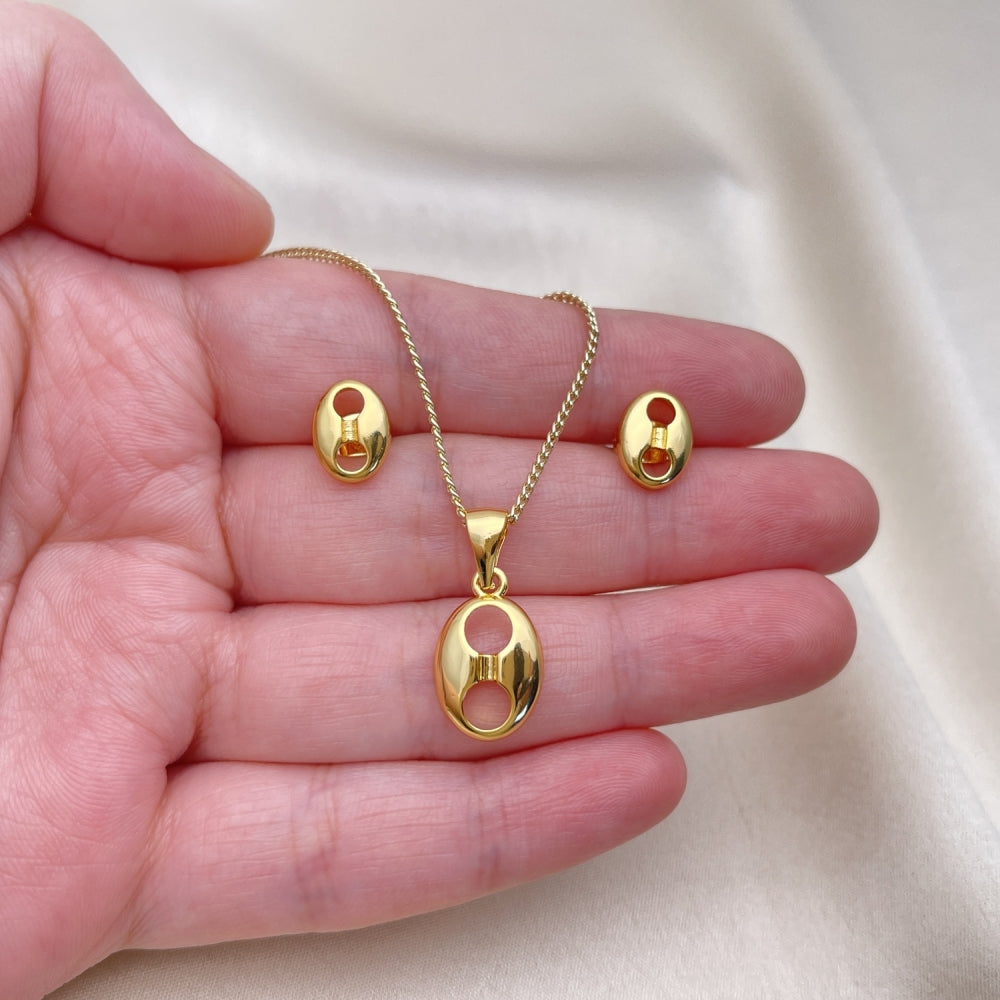 Oro Laminado Earring and Pendant Adult Set, Gold Filled Style Puff Mariner Design, Polished, Golden Finish