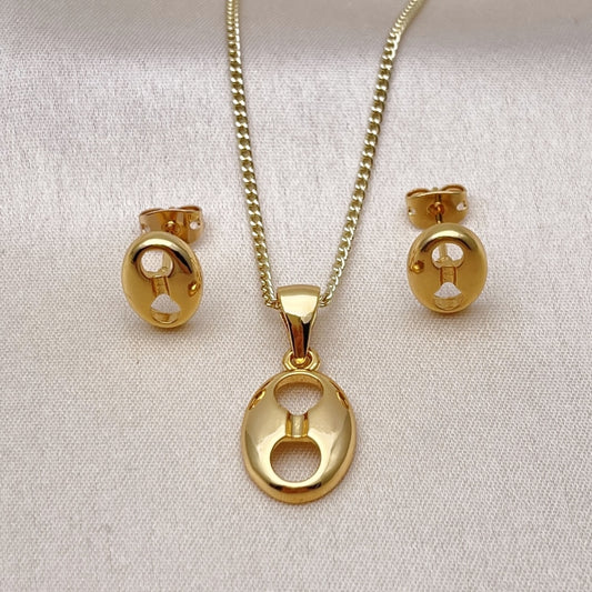 Oro Laminado Earring and Pendant Adult Set, Gold Filled Style Puff Mariner Design, Polished, Golden Finish